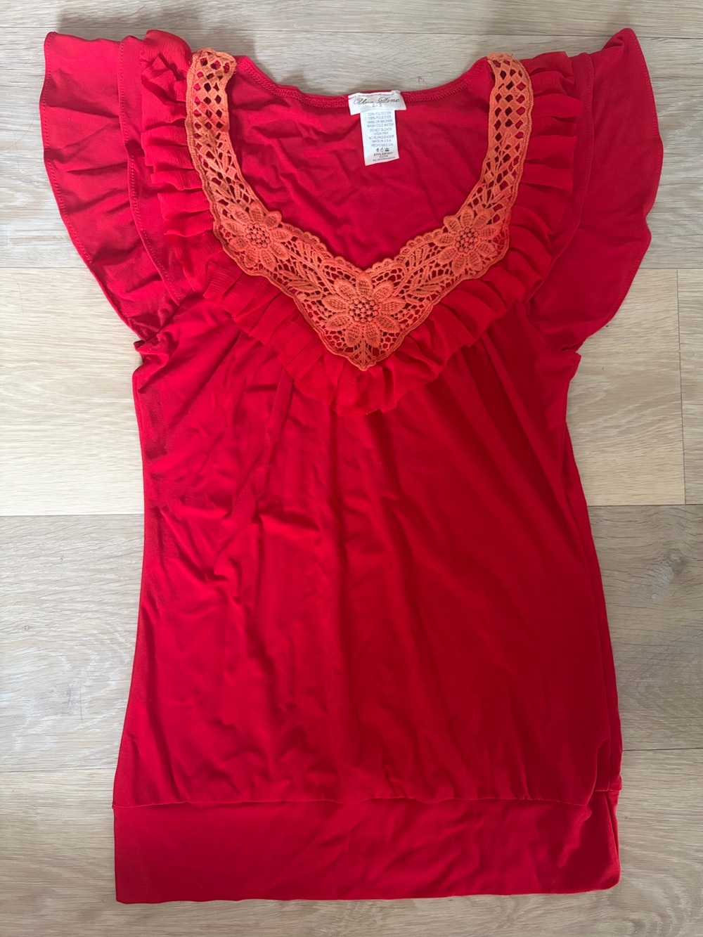 Una Line Y2K Red Ruffle Crochet Floral Top Size Small Made in USA